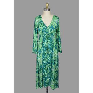 HONOLUA SURF CO. TROPICAL LEAVES PRINT SILKY GREEN MAXI DRESS